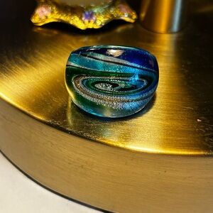 Bold Vintage Murano-Style Glass Ring - Swirl of Blue & Green